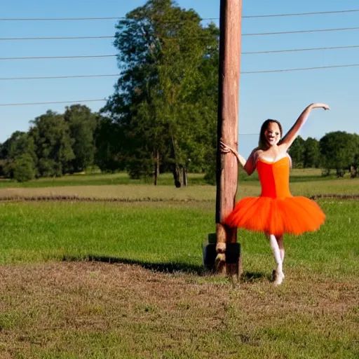 Image similar to a carrot in a tutu dancing the macarena on a wooden fence pole with pasture in the background