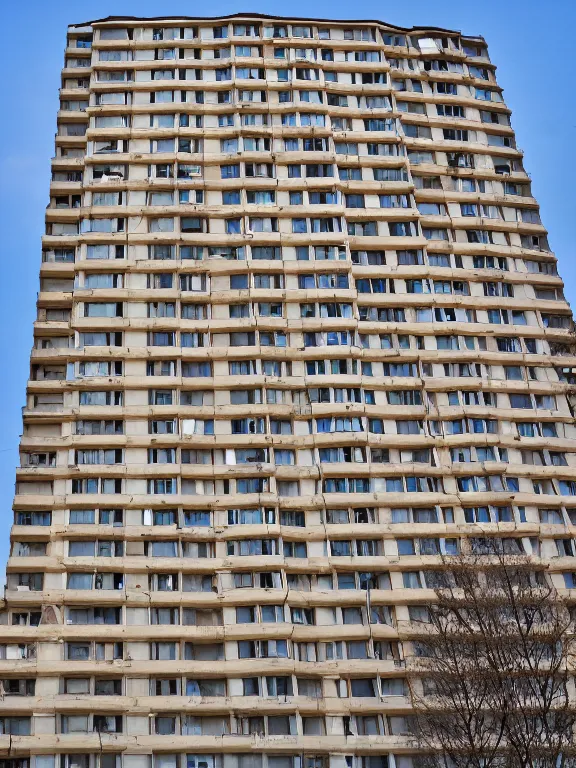 Prompt: low - cost soviet panel apartment building photo, extreme wide shot