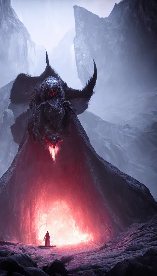 Image similar to The Balrog of Moria with black shadow wings, portrait shot, epic, cinematic lighting, Unreal Engine 5, film key art, CKGoksoy, Bloom, dramatic lighting