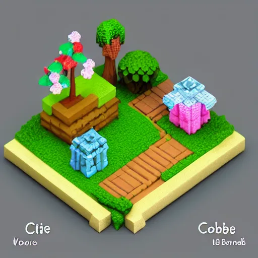 Image similar to 3D isometric cubic cute fairy garden, isometric voxel, 3D