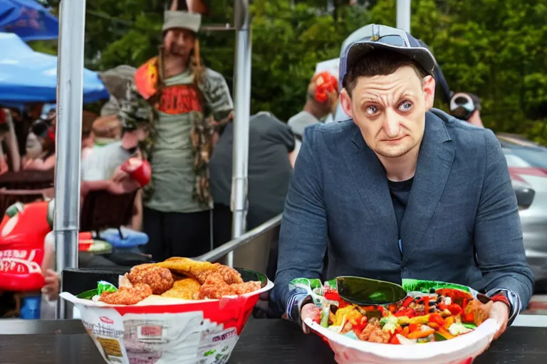 Image similar to Tim Robinson dejectedly contemplating a hotdog bowl, it's like a burrito bowl but with little bits of chopped up hotdog in it, thousand yard stare