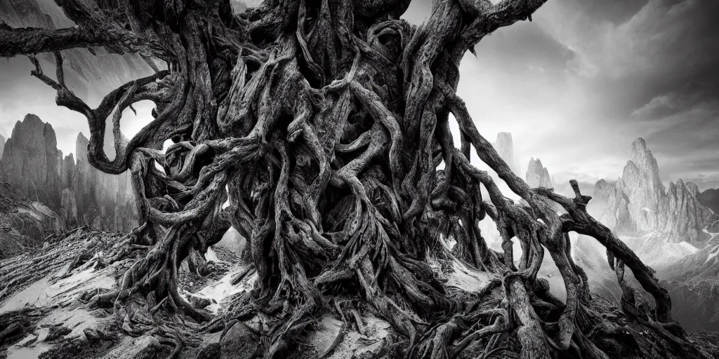 Prompt: ego perspective photography roots sprawling, climbing, forest, dolomites, alpine, detailed intricate insanely detailed octane render, 8k artistic 1920s photography, photorealistic, black and white, chiaroscuro, hd, by David Cronenberg, Raphael, Caravaggio