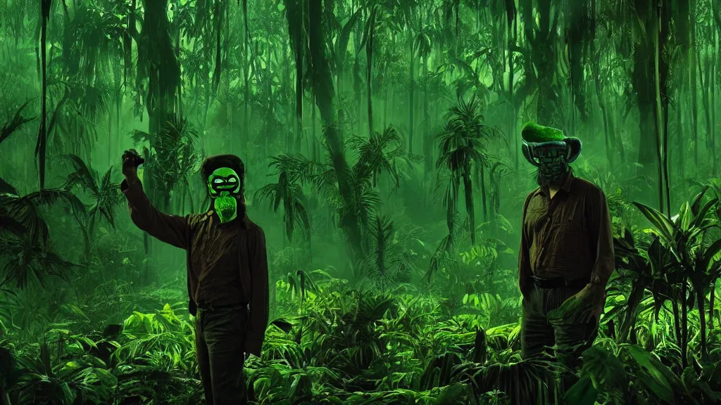 Image similar to snake oil saleman demigod with neon green mask in a swampy jungle landscape, visible sky and humid atmosphere, the salesman's dream by alejandro jodorowsky and denis villeneuve, kodakchrome, cinematic composition, practical effects, 8 k