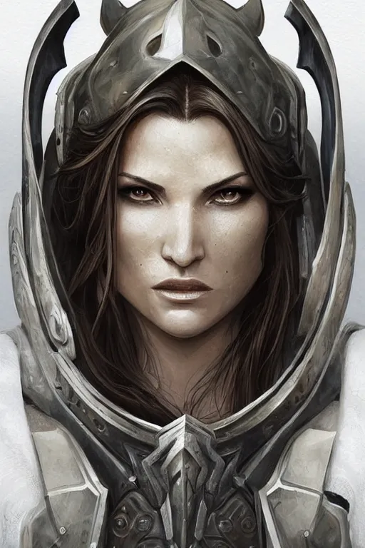 Image similar to Gina Carano clothed in battle armor, olive skin, long dark hair, beautiful bone structure, symmetrical facial features, intricate, elegant, digital painting, trending on Artstation, concept art, smooth, sharp focus, finely detailed, illustration, from World of Warcraft, by Artgerm and Greg Wutkowski and William-Adolphe Bouguerea, award winning art
