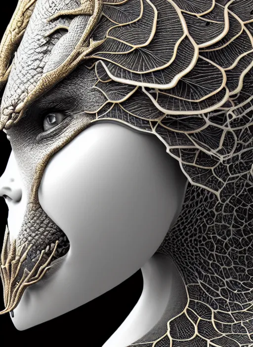 Prompt: bw close - up profile face, black background, beautiful young porcelain vegetal - dragon - cyborg - female, 1 5 0 mm, beautiful natural soft rim light, silver gold details, magnolia leaves and stems, roots, fine lace, mandelbot fractal, elegant, ultra detailed, white metallic armour, octane render, h. r. giger style