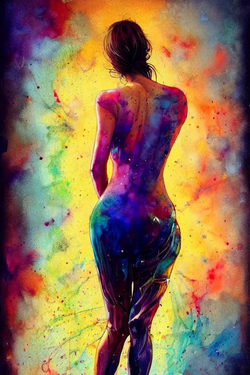 Image similar to sophia vergara by patrice murciano and agnes cecile and enki bilal moebius, intricated details, 3 / 4 back view, bendover posture, full body portrait, extremely luminous bright design, pastel colours, drips, autumn lights