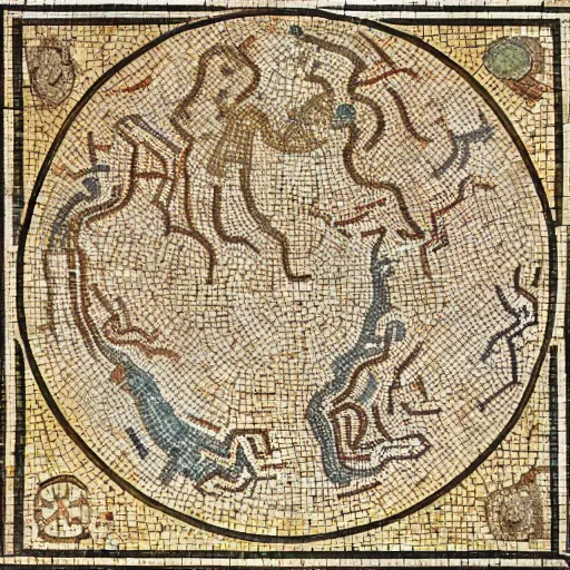 Image similar to medium shot Mosaic depicting D&D map, from Italica, AD 176-275. Archaeological Museum, Seville. Byzantine mosaics, highly detailed, HQ, HD, beautiful, National Geographic,