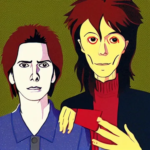 Image similar to ray davies and david bowie, illustration by studio ghibli