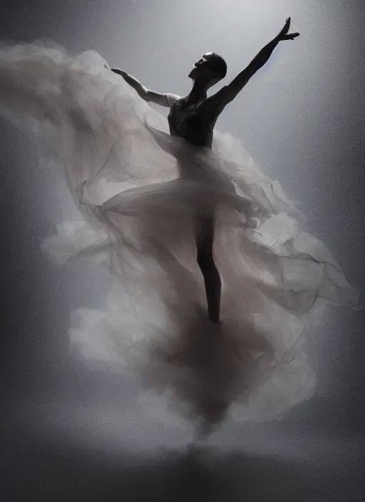 Image similar to a Photorealistic dramatic hyperrealistic render of a glamorous beautiful Female smoke dancer by Ken Brower and Deborah Ory of NYC Dance project,Lois Greenfield,Flowing cloth and smoke,Beautiful dynamic dramatic dark moody lighting,volumetric,shadows,cinematic atmosphere,Octane render,8K