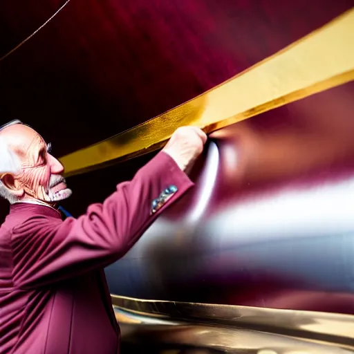 Image similar to wrinkled hunchbacked old man in musty burgundy suit, polishing painting the side of a huge gold plated mega yacht with a cloth, maintenance photo