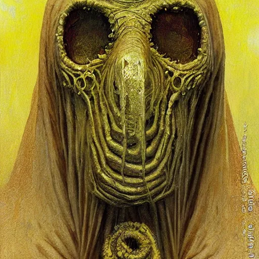 Image similar to Hastur the King in Yellow mummified monarch by Greg Rutkowski and Zdzisław Beksiński, high quality painting