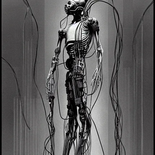 Image similar to a cyborg with wires and cables Bursting out of them painfully concept art by syd mead and Zdzisław Beksiński