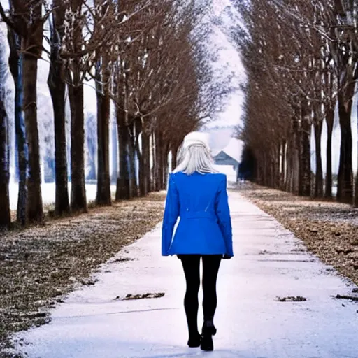 Image similar to 19-year-old Aristocratic platinum-blonde-haired hime-cut blue-eyed French empress wearing white leggings and black jacket, walking down sidewalk, winter trees, dead trees, mill, abandoned mill, drones, HD photograph