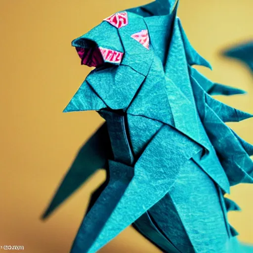 Prompt: godzilla in origami!!, ( colorful, cute ) macro photo 5 d mk 2, bokeh