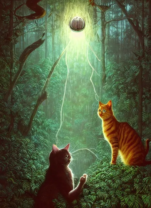 Image similar to a hyper realistic cat god with happy lighting and technology jewelry in the woods gorgeous lighting, sunbeams blue sky, lush forest foliage painting by chiara bautista and beksinski and norman rockwell and greg rutkowski weta studio, and lucasfilm