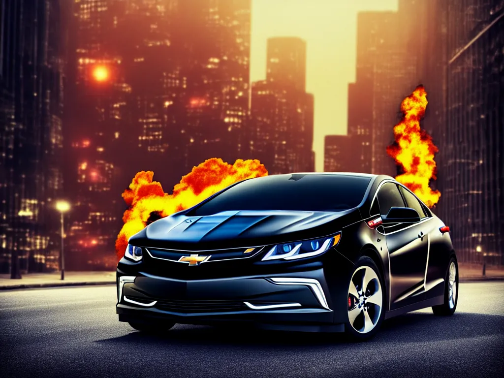 Prompt: black chevy volt close up with a city street background, smoke, fi, chrome, shiny, reflective, metallic, 3 d, render, realistic, hdr, dramatic lighting, flame colors bright