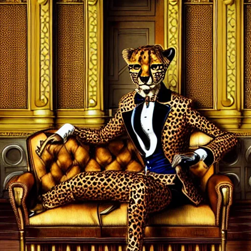 Prompt: A steampunk anthropomorphic cheetah wearing a suit in an opulent palace room by James Gurney. Highly detailed. Incredibly beautiful. Photorealistic.