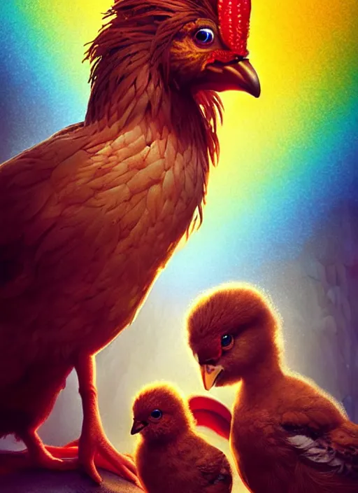 Image similar to a hen and her two chicks on a rainbow movie by nuri iyem, james gurney, james jean, greg rutkowski, anato finnstark. pixar. hyper detailed, 5 0 mm, award winning photography, perfect faces
