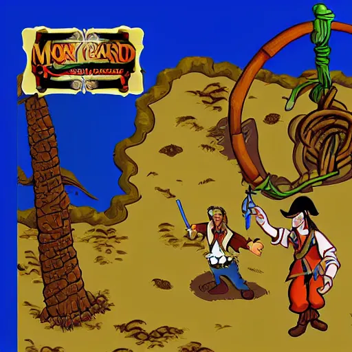 Image similar to monkey island game, guybrush swordfighting with jack sparrow