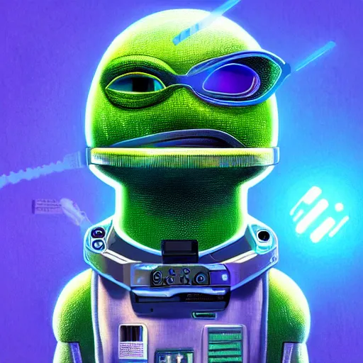 Image similar to digital futuristic electric pepe, artstation, modern, hyper detailed, robot, programming