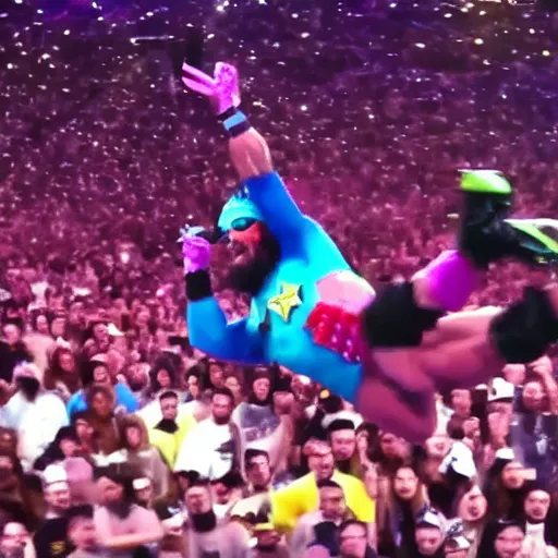 Image similar to Macho Man Randy Savage performing elbow drop from orbit. GoPro Hero 8, reentry burn, High Quality, 4k