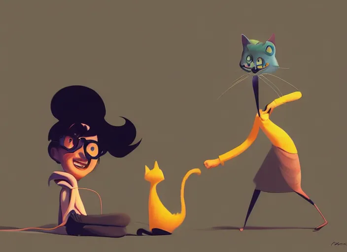 Image similar to pixar cartoon character of a tomboy girl being happy with a cat. style by petros afshar, christopher balaskas, goro fujita, and rolf armstrong.