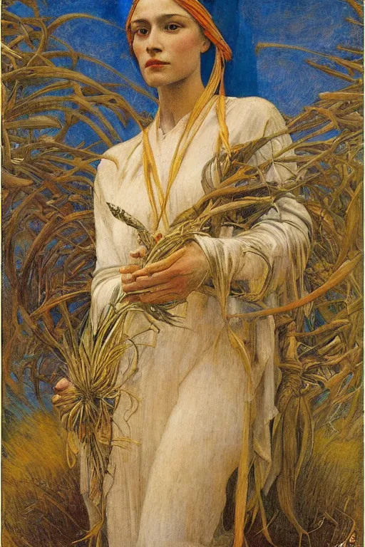 Prompt: queen of the plains with her harvest by Annie Swynnerton and Nicholas Roerich and jean delville, strong dramatic cinematic lighting , ornate headdress , flowing robes, lost civilizations, smooth, sharp focus, extremely detailed