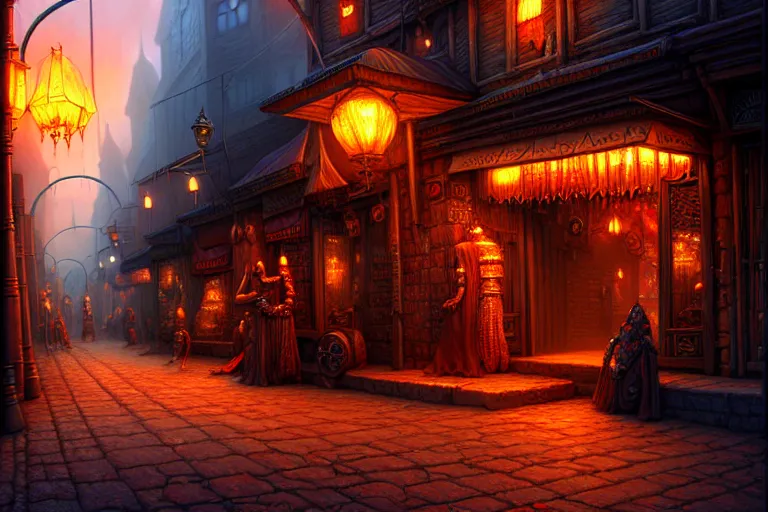 Prompt: a highly detailed bazaar street in the planescape city of sigil, amazing planescape digital painting, by gerald brom, brom digital art, intricate details, ultra realistic, beautiful art, volumetric lighting, warm colors advance cool colors recede, by brom, trending cgsociety, artstation, rim lighting, 8 k