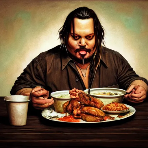 Prompt: ( hyperrealistic portrait of fat greasy dirty johnny depp eating chickenwings, on a filthy table filled with dirty plates ) by noah bradley, photorealistic, dynamic lighting, very detailed faces, trending on artstation, wallpaper, dream, 4 k, award winning, lovely pastel colors, ethereal, elegant