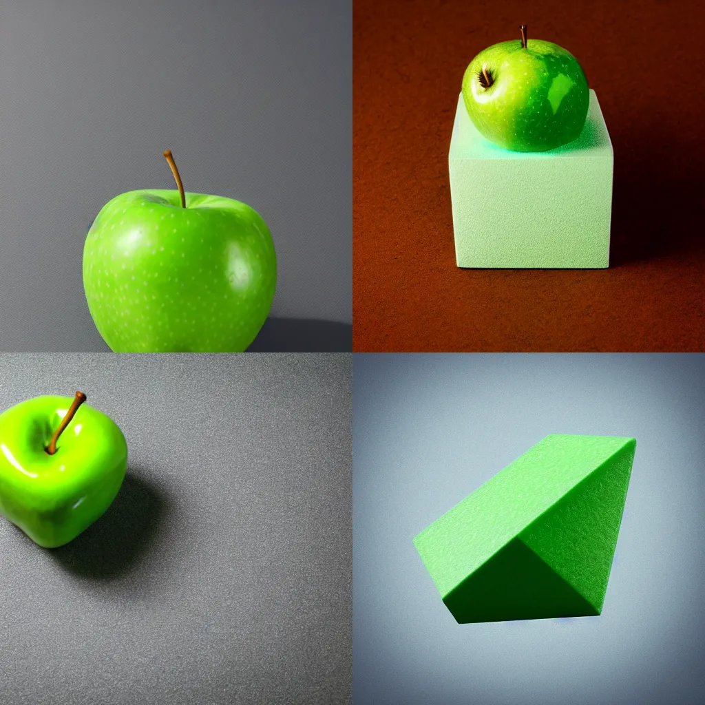 Prompt: studio shot of green apple shaped like a cube, isometric perspective, green background