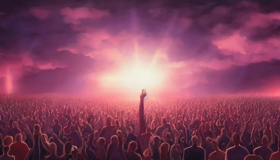 Image similar to painting of a crowd with raised arms pointing towards a glowing sky, volumetric lighting, nasty, hyperdetailed, realistic