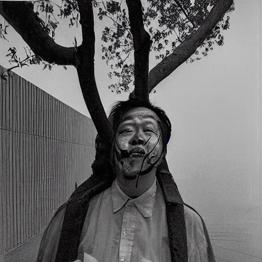 Image similar to bright yellow aesthetic, imposing by suehiro maruo, by eero saarinen. a photograph of a man caught in a storm, buffeted by wind & rain. he clings to a tree for support, but the tree is bent by the force of the storm. he is soaking wet. his face is contorted with fear & effort.