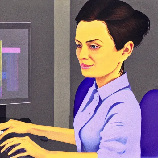 Prompt: realist gouache portrait of. 35 year old woman programming on a computer, vivid colors