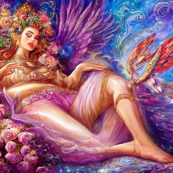 Prompt: a celestial goddess being lazy on her day off laying on a couch catching up on social media, magic realism, art by josephine wall, art by huang guangjian, art by viktoria gavrilenko, art by amanda sage, trending on artstation