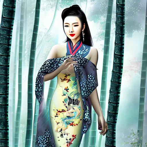 Image similar to photorealistic dramatic fantasy digital painting of a beautiful chinese woman wearing a qipao who is partially transforming into a werepanda, in the moonlit bamboo forest at night. physiological transformation ; hybrid creature that is half panda and half human. highly - detailed professional art.