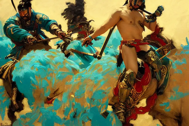 Image similar to turquoise samurai painting by gaston bussiere, craig mullins, j. c. leyendecker, tom of finland,