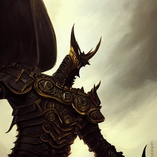 Prompt: anthropomorphic dragon warrior stands tall wearing black and gold plate armor, oil painting, Tooth Wu, Greg Rutkowski, RPG, dynamic lighting, fantasy art, High contrast, depth of field, landscape, scenery