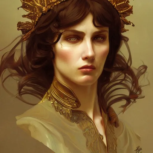 Image similar to Fierce Napoleon, closeup, intricate, elegant, highly detailed, digital painting, artstation, concept art, matte, sharp focus, illustration, art by Artgerm and Greg Rutkowski and Alphonse Mucha