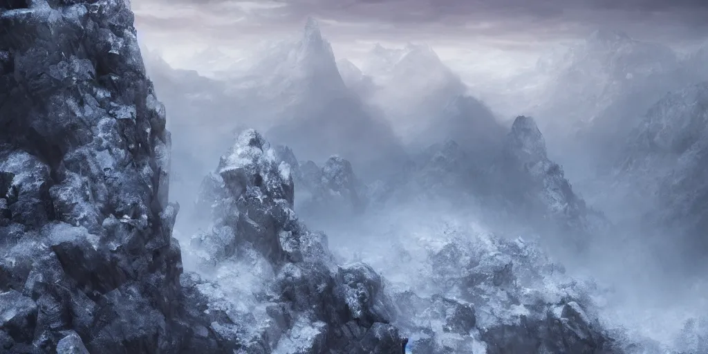 Prompt: Looking off of a rocky snowy cliff over backlit low lying clouds in a snowy valley with craggy giant rocks hidden in mist, artstation, matte painting