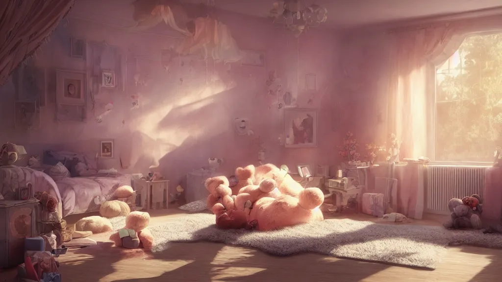 Image similar to a Photorealistic hyperrealistic render of an interior of a beautifully decorated spoiled child's beautiful bedroom with a giant teddy bear sitting on the floor by PIXAR,Greg Rutkowski,WLOP,Artgerm,dramatic moody sunset lighting,long shadows,Volumetric, cinematic atmosphere, Octane Render,Artstation,8k