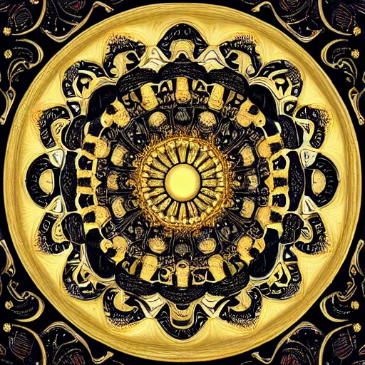 Image similar to a beautiful mandala made of ivory and gold, highly intricate, digital art, very detailed, in the style of a weird and dark eerie liminal art nouveau flemish painting, 8k,