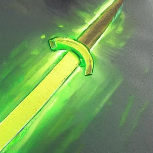 Prompt: Oil painting concept art of a magical acid sword glowing bright green, very intricate hilt, green color scheme, highly detailed concept art.