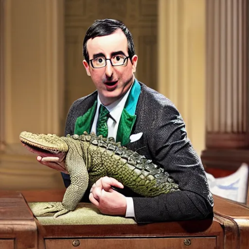 Image similar to john oliver as the queen of england, with a pet alligator