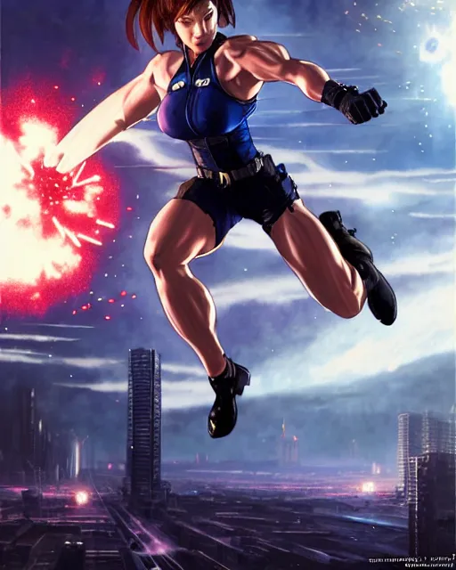 Prompt: gigachad jill valentine bodybuilder jumping in front of a atomic blast fighting wearing a suit in the fight club city, fantasy character portrait, ultra realistic, anime key visual, full body concept art, intricate details, highly detailed by greg rutkowski, ilya kuvshinov, gaston bussiere, craig mullins, simon bisley