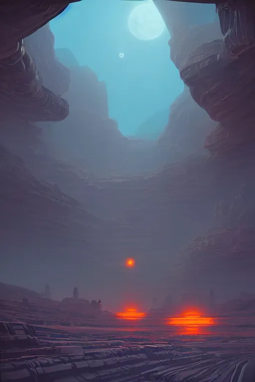 Prompt: temple in canyon, spaceships flying around, orange planets in the sky, dramatic lighting, artstation, matte painting, ralph mcquarrie, simon stalenhag