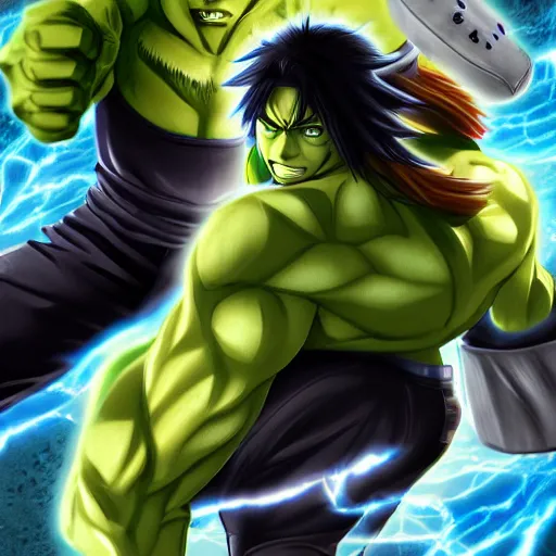 Prompt: epic anime battle between the sasuke and the incredible hulk, digital art, game art, character design, trending on artstation, ultra realistic, ultra detailed