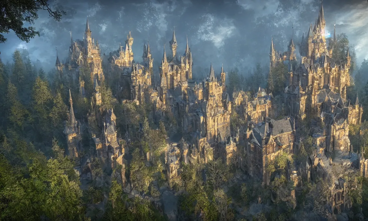 Image similar to a big castle, highly detailed, crystal lighting, mystical, forest, hyperrealistic, 4 k, unreal engine, dramatic lighting, magical, beautiful,