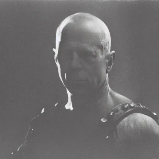 Prompt: old black and white photo, 1 9 1 3, depicting bruce willis in combat armor with guns, historical record, volumetric fog