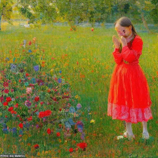 Prompt: Devastated Greta Thunberg crying onto the last plant on earth, impressionism, bright vivid colors, by Greg Rutkowksi and Ilya Repin