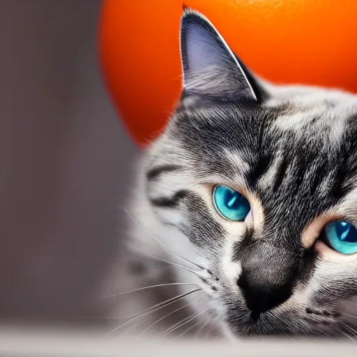 Prompt: photo of a cat with gray back and legs, white muzzle and underside, ( ( using a black fedora ), white orange eyes